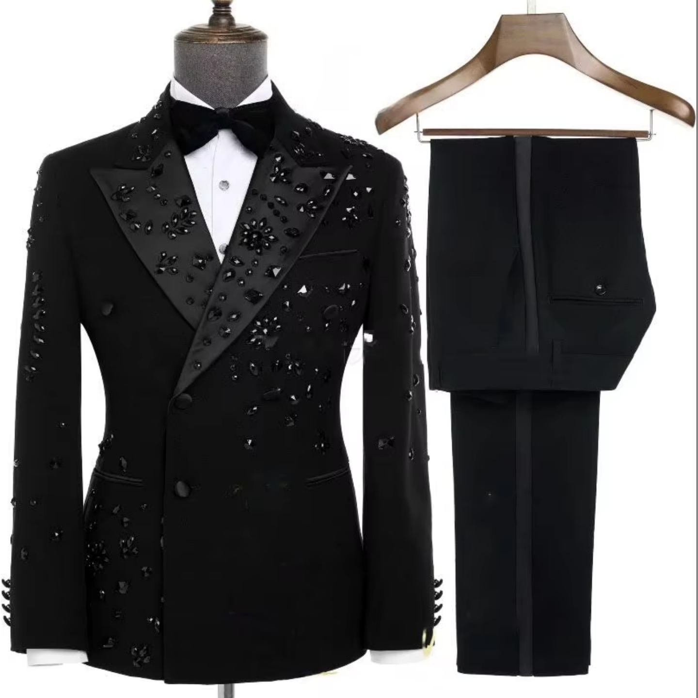 Men'S Grooming Room - Luxury Black Beaded Men's Double Breasted